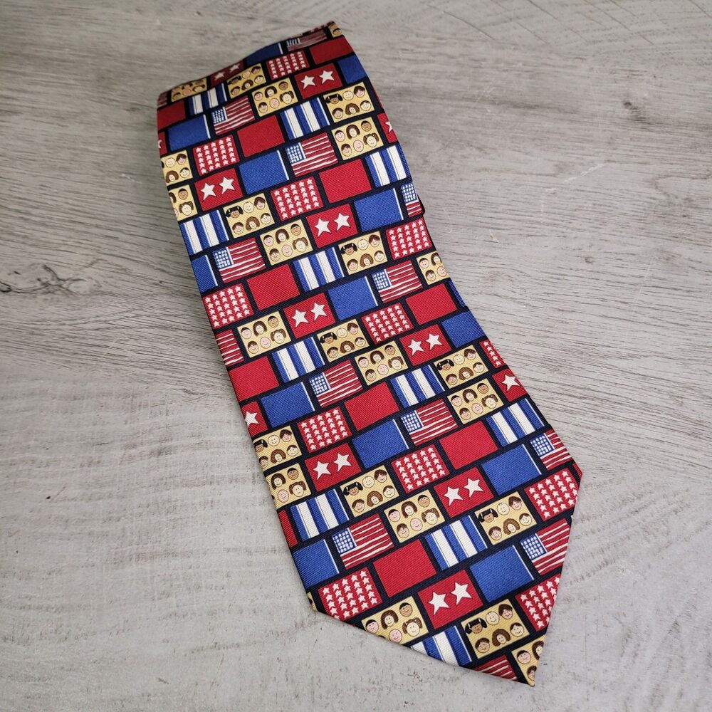 Save The Children Mens Necktie Tie Preowned Red White and Blue Haylee Silk